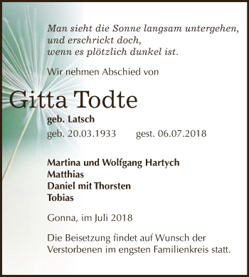 Traueranzeige von Gitta Todte von Super Sonntag SGH Mansf. Land