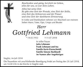 Traueranzeige von Gottfried Lehmann von Mitteldeutsche Zeitung
