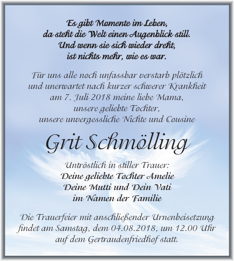  Traueranzeige für Grit Schmölling vom 14.07.2018 aus Mitteldeutsche Zeitung Halle/Saalkreis