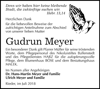 Traueranzeige von Gudrun Meyer von Mitteldeutsche Zeitung