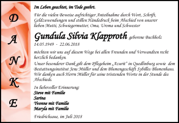 Traueranzeige von Gundula Silvia Klapproth von Mitteldeutsche Zeitung Aschersleben