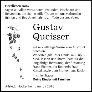 Traueranzeige von Gustav Queisser von Mitteldeutsche Zeitung Sangerhausen