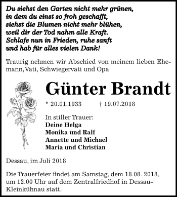 Traueranzeige von Günter Brandt von Mitteldeutsche Zeitung Dessau-Roßlau