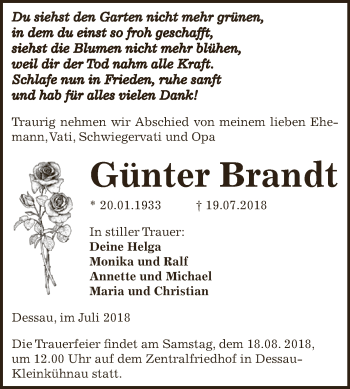 Traueranzeige von Günter Brandt von WVG - Wochenspiegel Dessau / Köthen