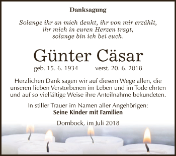 Traueranzeige von Günter Cäsar von WVG - Wochenspiegel Dessau / Köthen