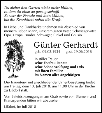 Traueranzeige von Günter Gerhardt von Mitteldeutsche Zeitung