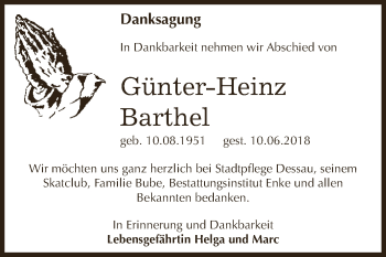 Traueranzeige von Günter-Heinz Barthel von WVG - Wochenspiegel Dessau / Köthen