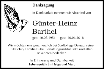 Traueranzeige von Günter-Heinz Barthel von Mitteldeutsche Zeitung Dessau-Roßlau