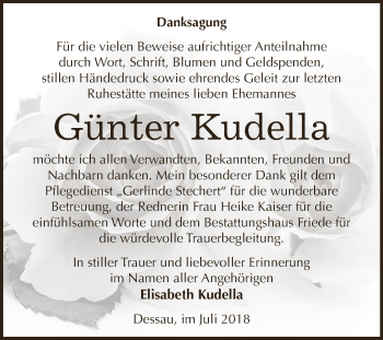 Traueranzeige von Günter Kudella von WVG - Wochenspiegel Dessau / Köthen