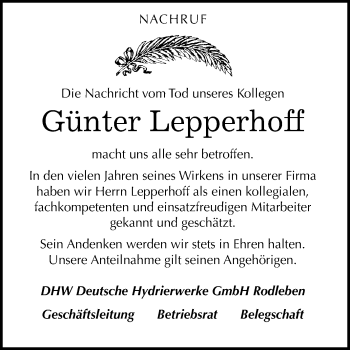 Traueranzeige von Günter Lepperhoff von Mitteldeutsche Zeitung Dessau-Roßlau