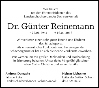 Traueranzeige von Günter Reinemann von Mitteldeutsche Zeitung Halle/Saalkreis
