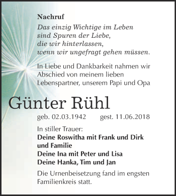 Traueranzeige von Günter Rühl von WVG - Wochenspiegel Bitterfeld