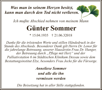 Traueranzeige von Günter Sommer von WVG - Wochenspiegel Dessau / Köthen