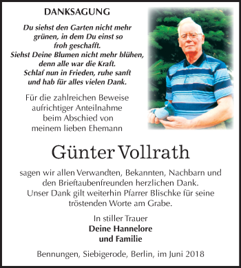 Traueranzeige von Günter Vollrath von Mitteldeutsche Zeitung Sangerhausen