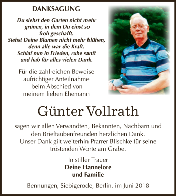 Traueranzeige von Günter Vollrath von Super Sonntag SGH Mansf. Land