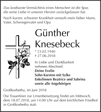 Traueranzeige von Günther Knesebeck von Super Sonntag Merseburg