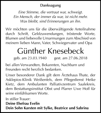Traueranzeige von Günther Knesebeck von Mitteldeutsche Zeitung Weißenfels