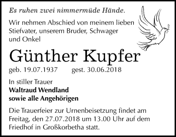 Traueranzeige von Günther Kupfer von Mitteldeutsche Zeitung Weißenfels