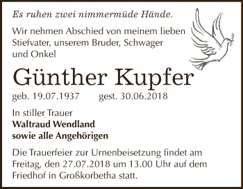 Traueranzeige von Günther Kupfer von WVG - Wochenspiegel NMB / WSF / ZTZ