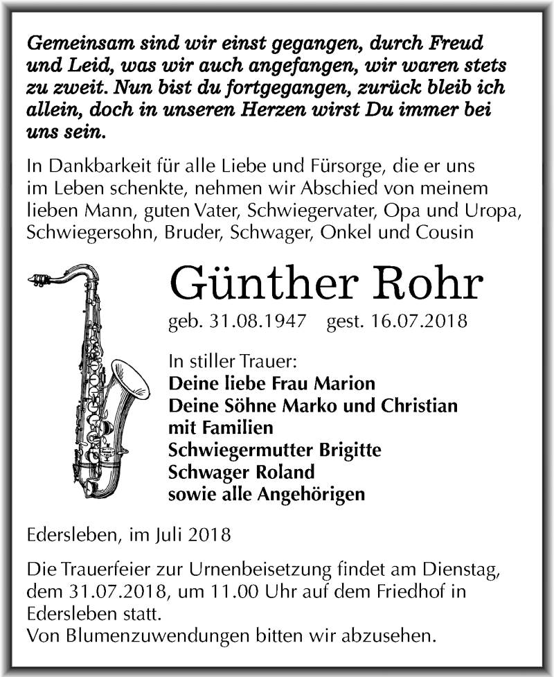  Traueranzeige für Günther Rohr vom 28.07.2018 aus Mitteldeutsche Zeitung Sangerhausen
