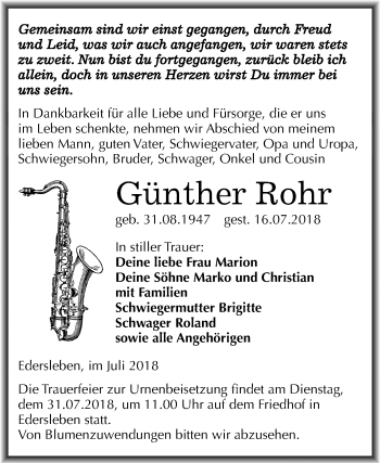 Traueranzeige von Günther Rohr von Mitteldeutsche Zeitung Sangerhausen