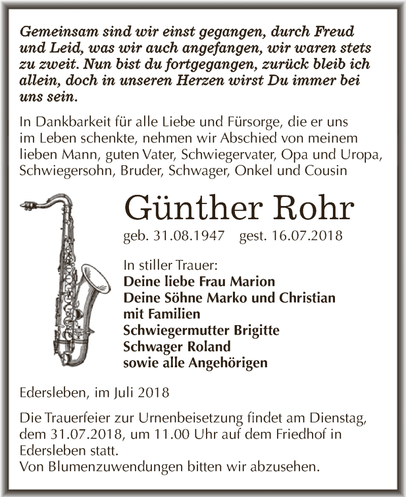  Traueranzeige für Günther Rohr vom 28.07.2018 aus Super Sonntag SGH Mansf. Land