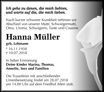 Traueranzeige von Hanna Müller von Mitteldeutsche Zeitung
