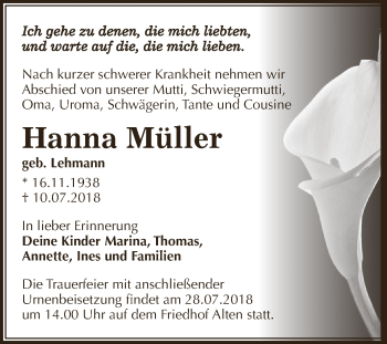 Traueranzeige von Hanna Müller von WVG - Wochenspiegel Dessau / Köthen
