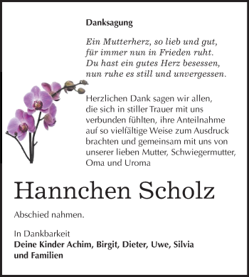 Traueranzeige von Hannchen Scholz von Mitteldeutsche Zeitung Merseburg/Querfurt