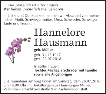 Traueranzeige von Hannelore Hausmann von Mitteldeutsche Zeitung Aschersleben