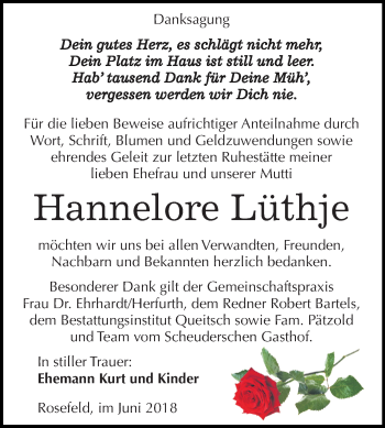Traueranzeige von Hannelore Lüthje von Mitteldeutsche Zeitung