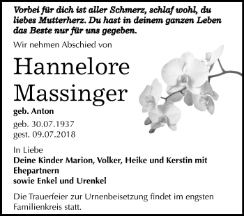 Traueranzeige von Hannelore Massinger von Mitteldeutsche Zeitung Bitterfeld