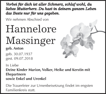 Traueranzeige von Hannelore Massinger von WVG - Wochenspiegel Bitterfeld