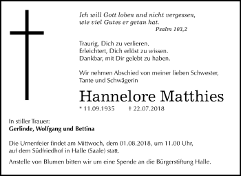 Traueranzeige von Hannelore Matthies von Mitteldeutsche Zeitung Halle/Saalkreis