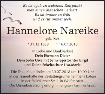 Traueranzeige von Hannelore Nareike von Mitteldeutsche Zeitung Bitterfeld