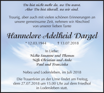 Traueranzeige von Hannelore Adelheid Dargel von Mitteldeutsche Zeitung Merseburg/Querfurt