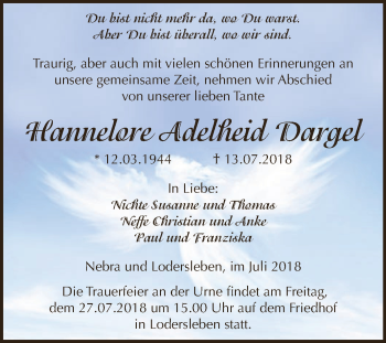 Traueranzeige von Hannelore Adelheid Dargel von Super Sonntag SGH Mansf. Land