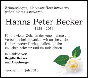 Traueranzeige von Hanns Peter Becker von Mitteldeutsche Zeitung Weißenfels