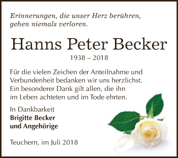 Traueranzeige von Hanns Peter Becker von WVG - Wochenspiegel NMB / WSF / ZTZ