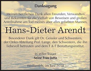 Traueranzeige von Hans-Dieter Arendt von Mitteldeutsche Zeitung Weißenfels