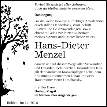 Traueranzeige von Hans-Dieter Menzel von WVG - Wochenspiegel Bitterfeld