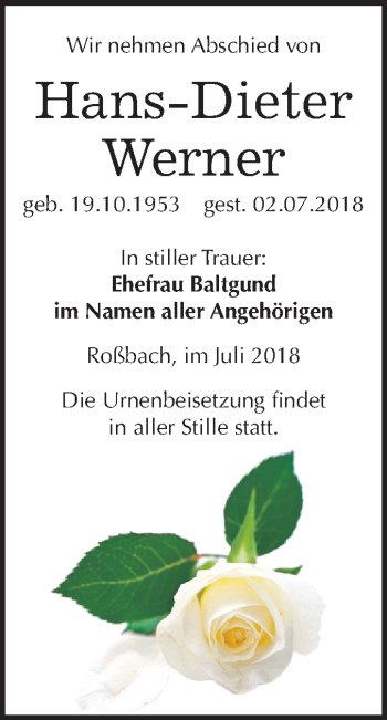 Traueranzeige von Hans-Dieter Werner von Mitteldeutsche Zeitung Merseburg/Querfurt