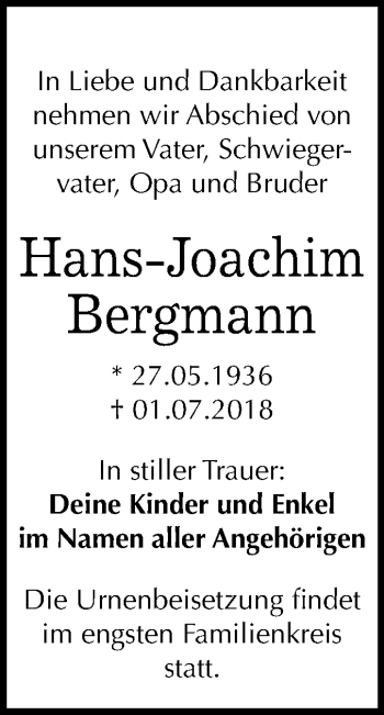 Traueranzeige von Hans-Joachim Bergmann von Mitteldeutsche Zeitung Halle/Saalkreis