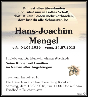 Traueranzeige von Hans-Joachim Mengel von Mitteldeutsche Zeitung Zeitz