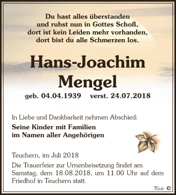 Traueranzeige von Hans-Joachim Mengel von Super Sonntag Zeitz