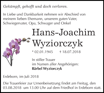Traueranzeige von Hans-Joachim Wyziorczyk von Mitteldeutsche Zeitung