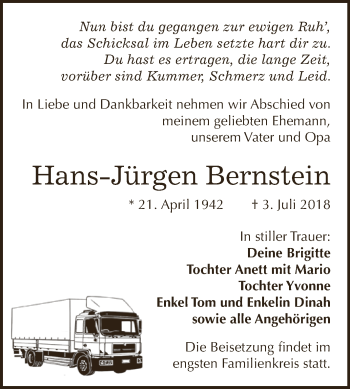 Traueranzeige von Hans-Jürgen Bernstein von WVG - Wochenspiegel NMB / WSF / ZTZ