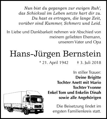 Traueranzeige von Hans-Jürgen Bernstein von Mitteldeutsche Zeitung
