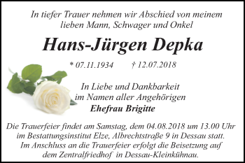 Traueranzeige von Hans-Jürgen Depka von Mitteldeutsche Zeitung