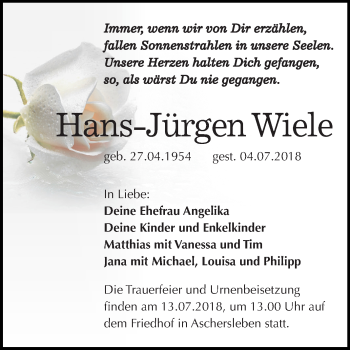 Traueranzeige von Hans-Jürgen Wiele von Mitteldeutsche Zeitung Aschersleben